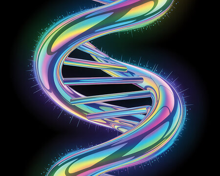 Stylized iridescent DNA double helix structure with a rainbow spectrum of colors and glowing aura against a black background, representing science and genetics