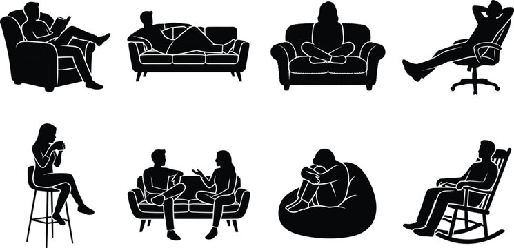 People Sitting and Relaxing Silhouette Icon Set Featuring Men and Women Resting on Sofas, Armchairs, Barstools, Beanbags, and Rocking Chairs at Home