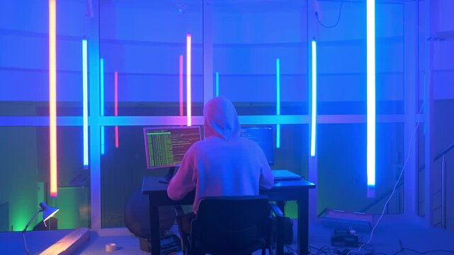 Back view of a person wearing a hooded sweatshirt coding on multiple monitors at a dark desk in a modern office illuminated by colorful neon lights at nighttime.