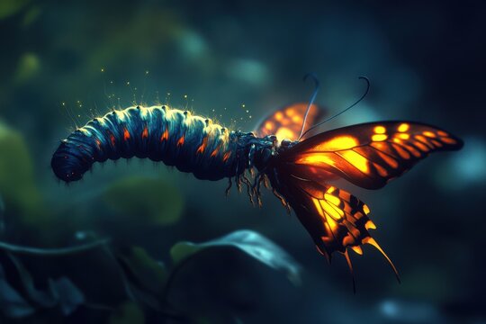 A caterpillar transforming into a butterfly with glowing golden wings in flight