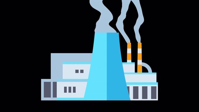 Multiple industrial building icons with emission smoke animation