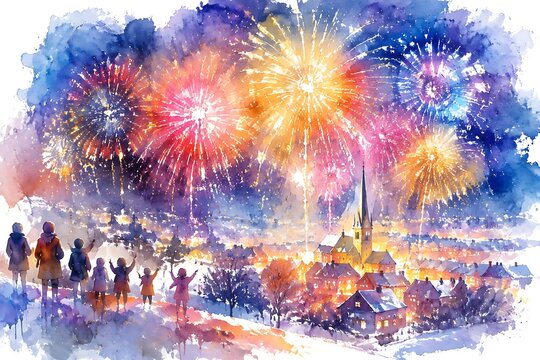 Fireworks over a snow-covered town, watercolor illustration