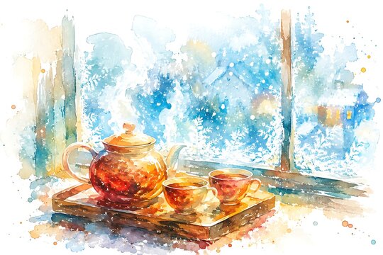 Teapot and cups by a frosty window, watercolor illustration