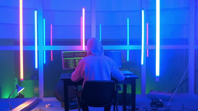 A person wearing a light hoodie is seated at a dark desk, coding on two monitors in a neon-lit modern office during nighttime. The scene features colorful vertical neon lights and cables.