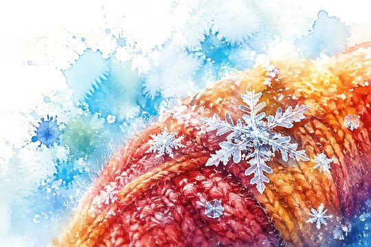Snowflakes on a knitted mitten, watercolor illustration