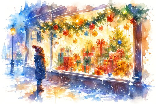 Festive shop window display, watercolor illustration
