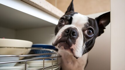Curioso perro Boston Terrier mirando hacia adentro de un armario de la cocina lleno de platos