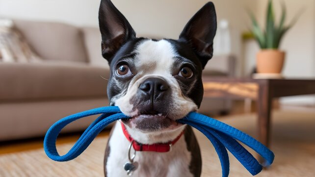 Perro Boston Terrier sosteniendo su correa azul en el hocico esperando para salir a pasear en casa