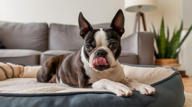 Adorable perro Boston Terrier recostado en su cama acolchada en la sala de estar lami&eacute;ndose el hocico