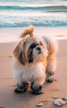 Perro Shih Tzu con un peque&ntilde;o peinado de coleta de caballo de pie en la arena de la playa junto al mar