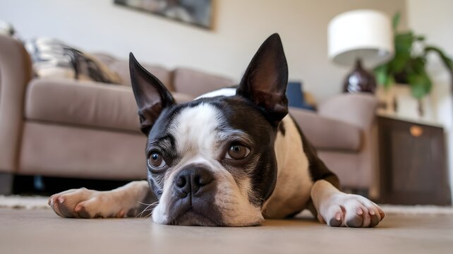 Adorable perro de raza Boston Terrier tumbado en el suelo de la sala de estar mirando a la c&aacute;mara