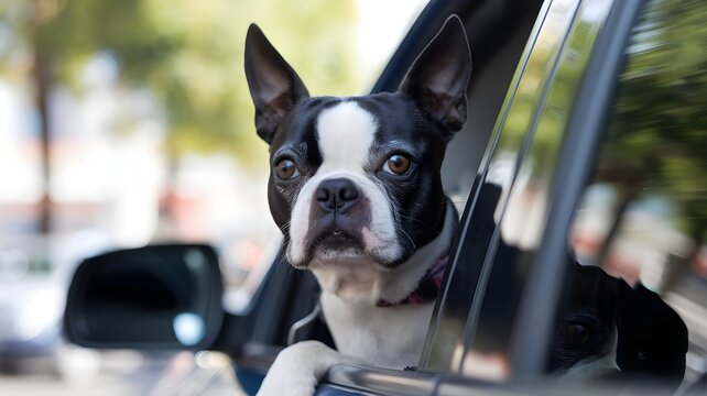 Adorable perro de raza Boston Terrier asom&aacute;ndose por la ventanilla de un coche en movimiento