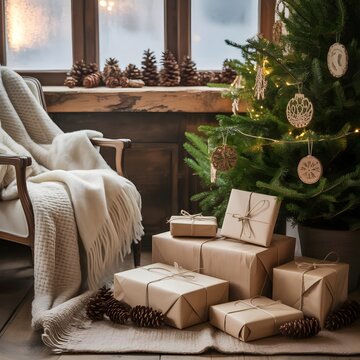 Acogedora sala de estar decorada para Navidad con &aacute;rbol, regalos envueltos en papel kraft y sill&oacute;n con manta
