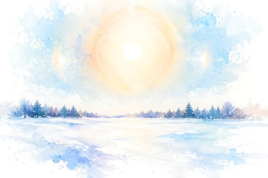 Winter sun halo over a snowfield, watercolor illustration