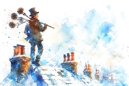 Chimney sweep on a snowy rooftop, watercolor illustration