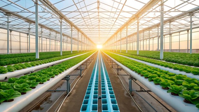 Modern Hydroponic Greenhouse with Fresh Lettuce Rows and Sustainable Indoor Farming System