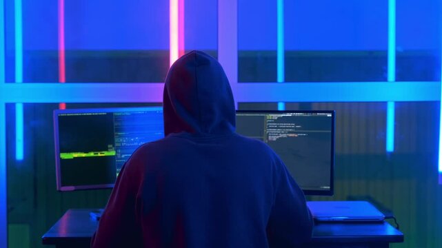 A person wearing a dark hooded sweatshirt is seated at a desk coding on multiple monitors in a modern office illuminated by blue and pink neon lights at nighttime.