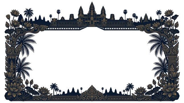 A detailed, intricate frame with a traditional, ornate design featuring a temple and lotus flowers, set against a dark background with a white outline.