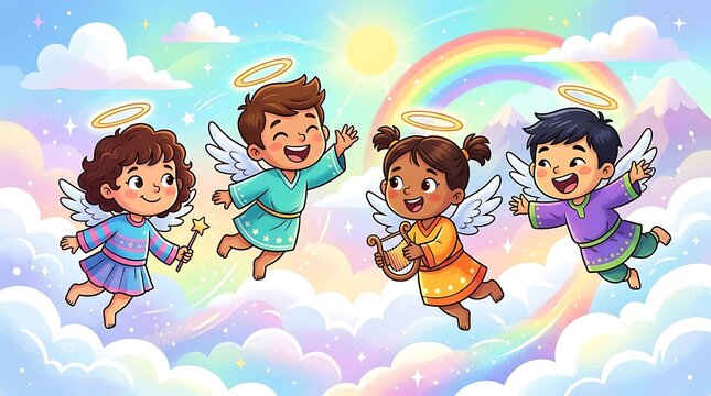 cute cartoon angel kids with halos and wings flying happily on fluffy clouds with rainbow and sunshine in sky