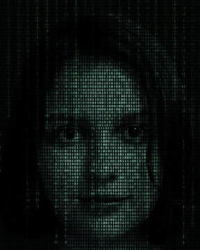 Female face with matrix digital numbers AI theme with human face. The concept of artificial intelligence. dark background with computer binary code and hidden face watching. Virtual reality