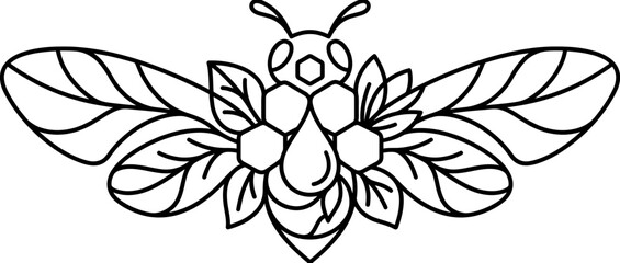Fototapeta premium Outline Bee with Honeycomb and Leaves Vector Art