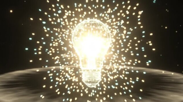 Wireframe light bulb with orbiting particles and bright flash innovation breakthrough concept
