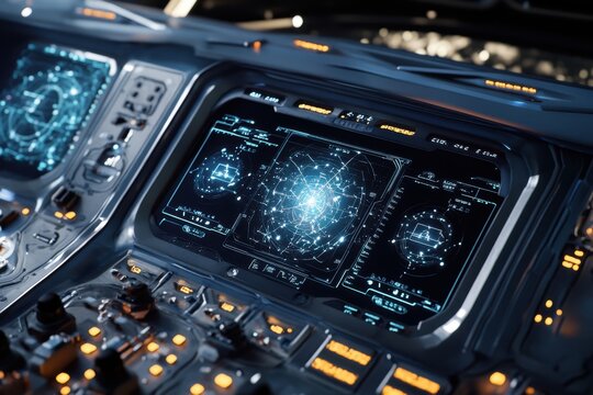 A spacecraft control panel with holographic star map and navigation systems