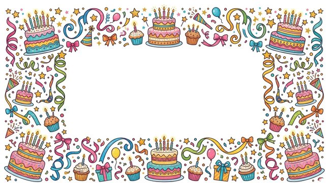 A colorful birthday cake frame with candles, balloons, and confetti. The frame is filled with various birthday-related doodles and decorations.