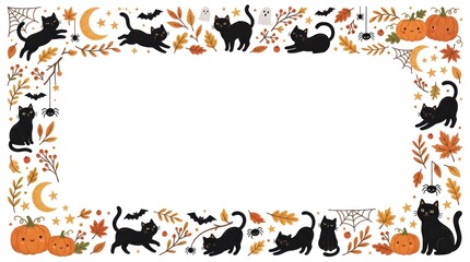 Fototapeta premium A Halloween-themed frame with black cats, pumpkins, and leaves.