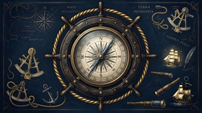 Vintage nautical navigation map featuring a ship wheel, compass, sextants, telescopes, and sailing ships on a dark blue aged parchment background