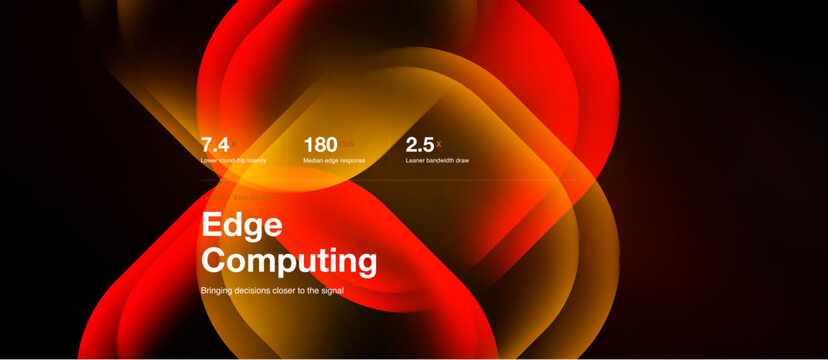 Abstract design features swirling red, orange gradients. Metrics displayed relate latency, response time. Text highlights Edge Computing concept.