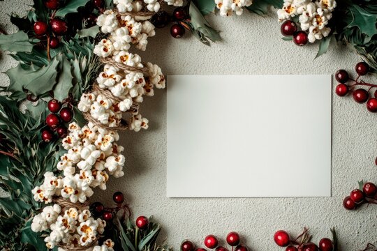 A string of popcorn and cranberries wrapped around a square frame for a christmas and xmas holiday event