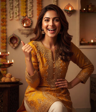 Happy Indian woman in yellow embroidered kurta giving thumbs up celebrating Diwali with diyas and marigold flowers at home