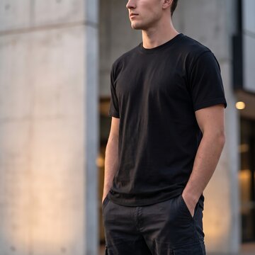 A young man is pictured wearing a black short sleeved t shirt casually standing near a concrete building adult apparel