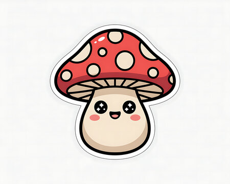Cute cartoon mushroom with a red cap covered in white circles and a light-colored stem, displaying a happy face with large black eyes and rosy cheeks on a white background