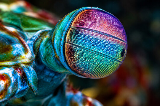 Extreme macro close-up of a peacock mantis shrimp eye displaying vivid iridescent colors, intricate surface patterns and thousands of tiny visual facets.