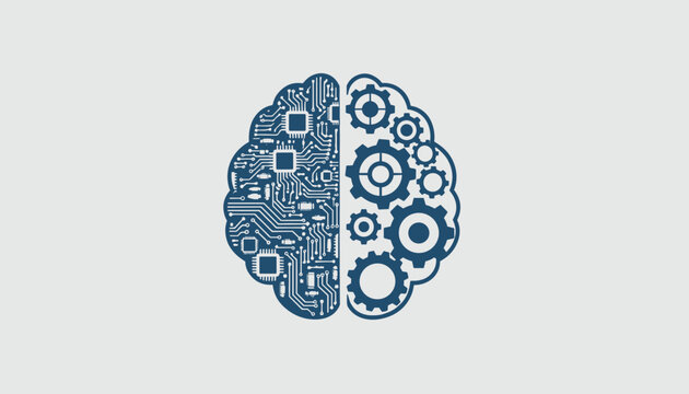 Human brain conceptual illustration showing digital circuit board on the left and gears on the right.