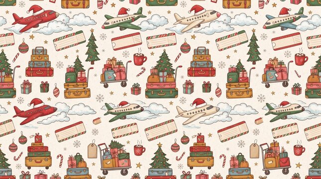 A seamless Christmas airport travel pattern featuring vintage suitcases, airplanes with Santa hats, boarding passes without text, luggage carts, travel tags without words, snowy clouds, Christmas tree