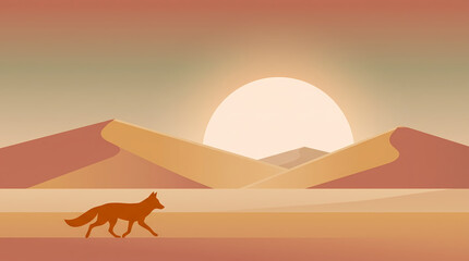 Fototapeta premium Minimalist fox in desert dunes sunset vector background