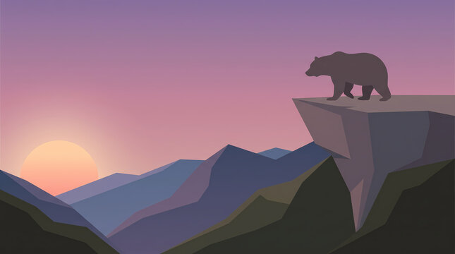 Minimalist bear on cliff mountain landscape background