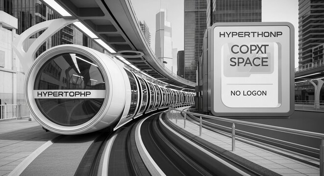 Sleek hyperloop train system speeding through a futuristic cityscape with modern skyscrapers and advanced transport infrastructure.