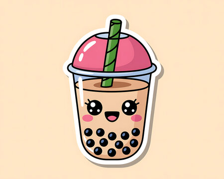 Kawaii style bubble tea drink with a happy face and a pink lid with a green striped straw and black tapioca pearls in a clear plastic cup with a light beige background and a white outline sticker
