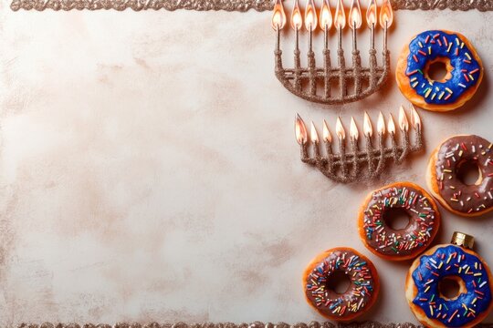 Hanukkah menorah with burning candles and sweet colorful glazed donuts on a light background for holiday