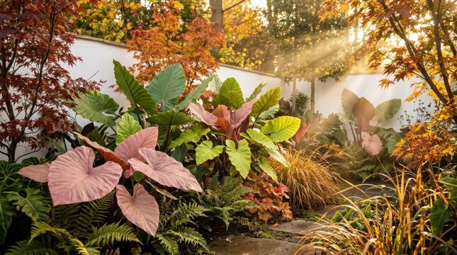 Lush botanical garden featuring vibrant pink and green tropical foliage under golden sunbeams filtering through autumn maple trees.