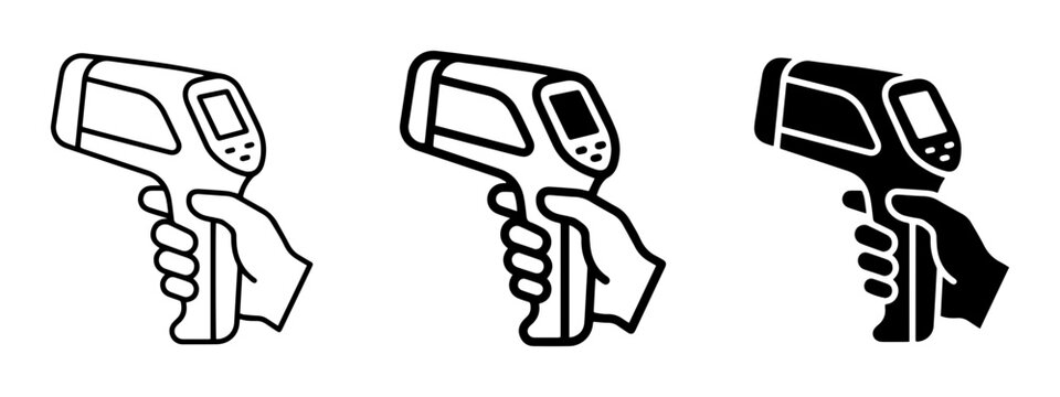 Hand holding infrared thermometer silhouette icons, medical screening, solid black style