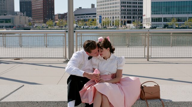 A young couple shares a sweet moment outdoors with a shared treat.