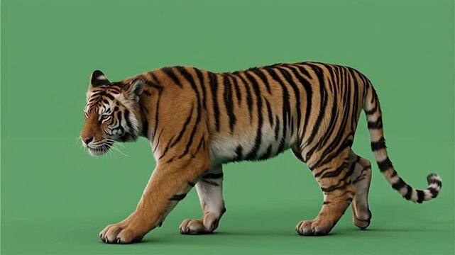 A majestic Bengal tiger walking across a solid green background in a realistic 3D wildlife render