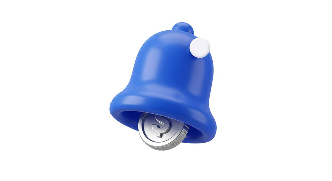 3D render of a blue notification bell icon with a silver currency coin inside isolated on a white background, representing financial alerts and payment reminders