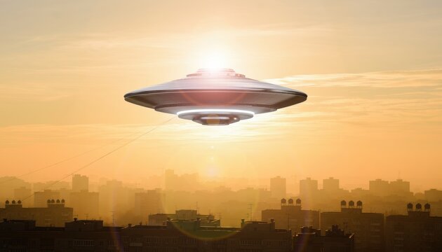UFO flying saucer hovering above a city at sunset