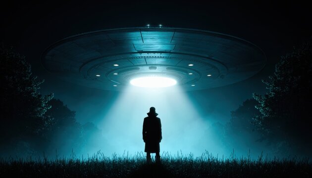 Man standing under a giant UFO spacecraft in a dark night forest